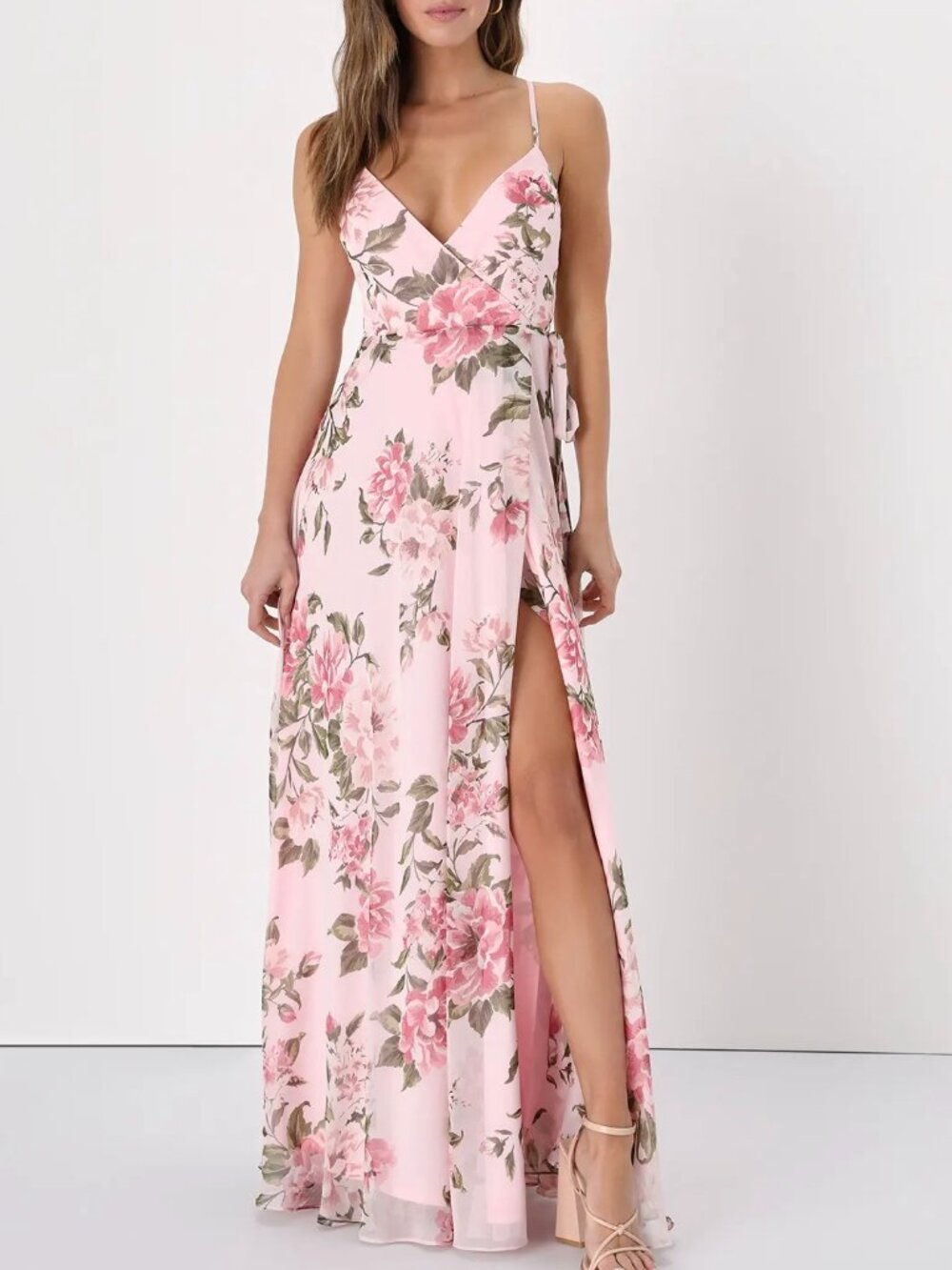 Pink Floral Print Sleeveless Wrap Maxi Dress